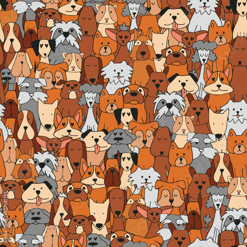 Cute cartoon dogs seamless pattern. Different breeds of dogs on endless canvas for your design. Domestic pets. Vector illustration