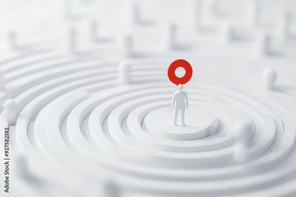 A lone figure with a red marker stands at the center of white concentric circles, representing focus and target achievement. A lone figure with a red marker stands at the center of white concentric circles, representing focus and target achievement.