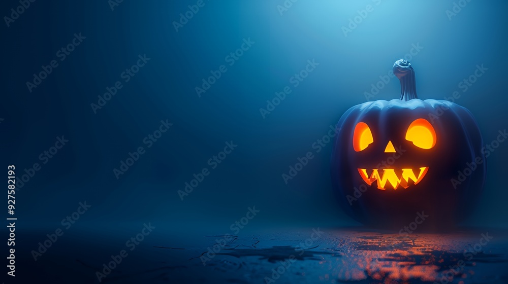 Glowing Jack-o'-lantern with a sinister grin on a dark blue background. Glowing Jack-o'-lantern with a sinister grin on a dark blue background.