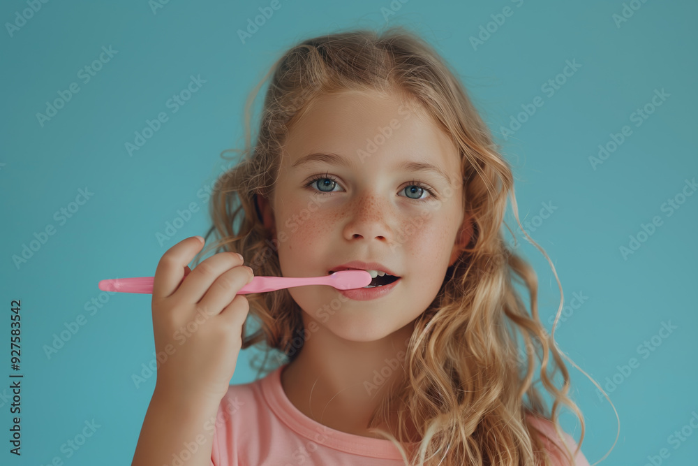 Young Girl Brushing Teeth with Pink Toothbrush Against Blue Background Young Girl Brushing Teeth with Pink Toothbrush Against Blue Background