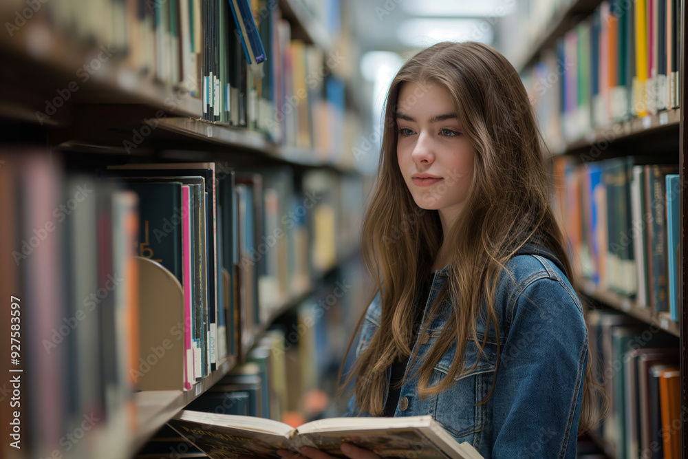 Young Woman Reading Book in Library Aisle Surrounded by Shelves of Books Young Woman Reading Book in Library Aisle Surrounded by Shelves of Books