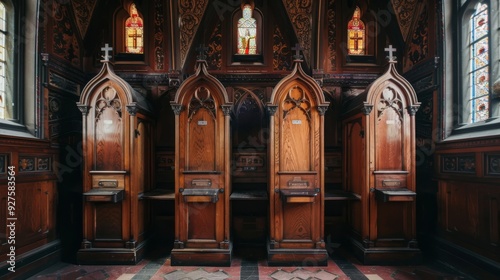 historic wooden confessional boxes with stained glass windows in gothic architectural church interior, rich in detail and religious heritage photo