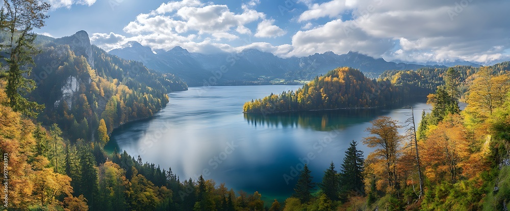 Obraz premium Autumnal lake with a small island surrounded by mountains and trees.