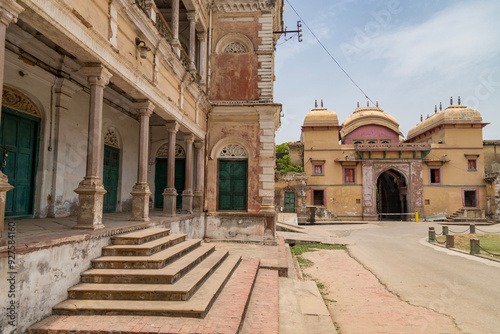 View of the ancient Ramnagar Fort from the river Ganges. The Ramnagar Fort of Varanasi was built in 1750 in typical Mughal style of architecture. photo