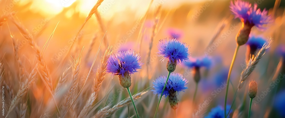 Obraz premium Blue wildflowers bloom in a field of golden wheat at sunset.
