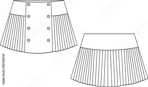 KID GIRLS BOTTOM WEAR SKATER MINI SKIRT WITH BUTTON FLAT SKETCH FRONT AND BACK VECTOR ILLUSTRATION