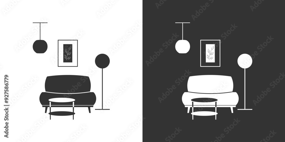 Living room with sofa, ceiling lamp, floor lamp, poster and coffee table. Furniture interior black and white icon. Living room with sofa, ceiling lamp, floor lamp, poster and coffee table. Furniture interior black and white icon.