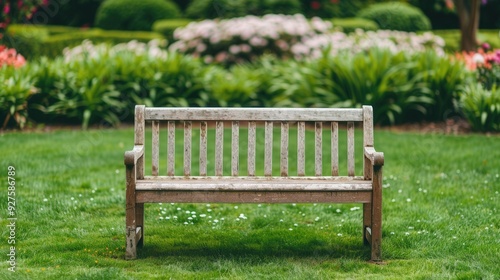 Wooden bench nestled in a vibrant green field surrounded by blooming flowers, creating a serene and picturesque natural retreat.