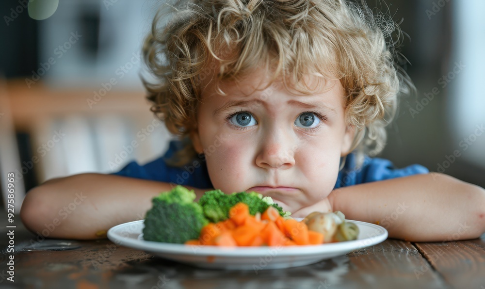 Sad child with curly hair pouting at a plate of uneaten vegetables. Sad child with curly hair pouting at a plate of uneaten vegetables.
