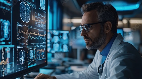 AI technology being used to predict patient outcomes based on large datasets of medical history. The doctor examines the AI recommendations to provide personalized treatment, showcasing the