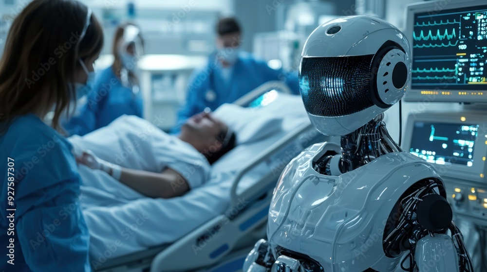 Fototapeta premium A robotic nurse assisting in patient care in a futuristic hospital room. The AI-powered robot administers medication and monitors the patient recovery progress while the medical staff supervises. The