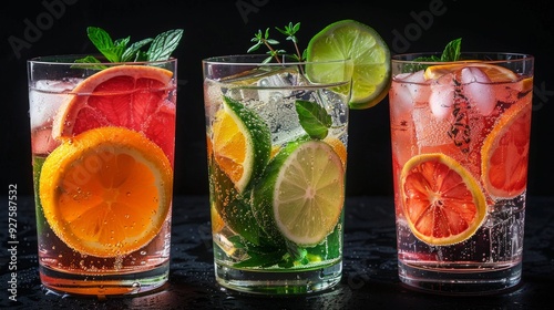 Three refreshing citrus beverages in glasses, garnished with fruit slices and herbs, against a black background.