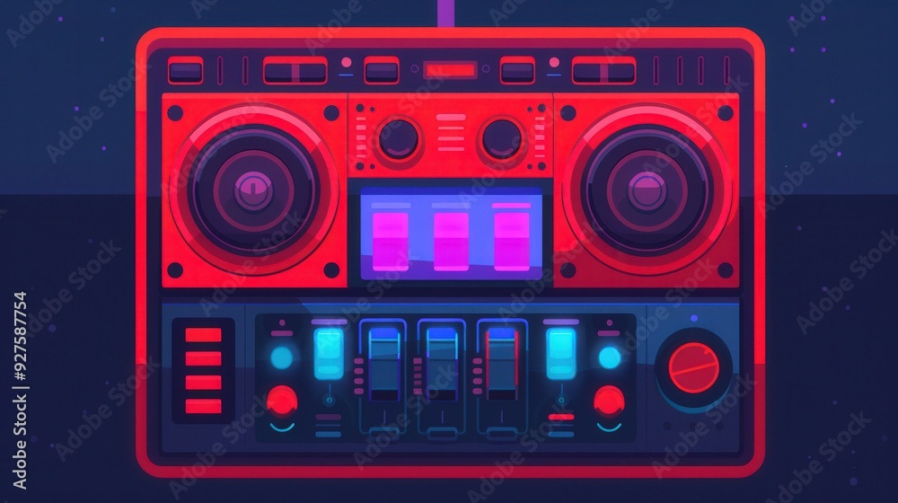 Fototapeta premium Holographic Digital Music Player Interface, a sleek and modern flat design showcasing vibrant controls and dynamic visual elements for an engaging user experience