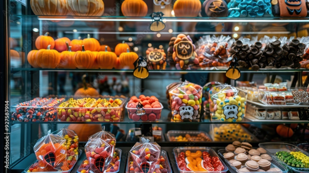 A display of Halloween candies and chocolates in a store window. A display of Halloween candies and chocolates in a store window.
