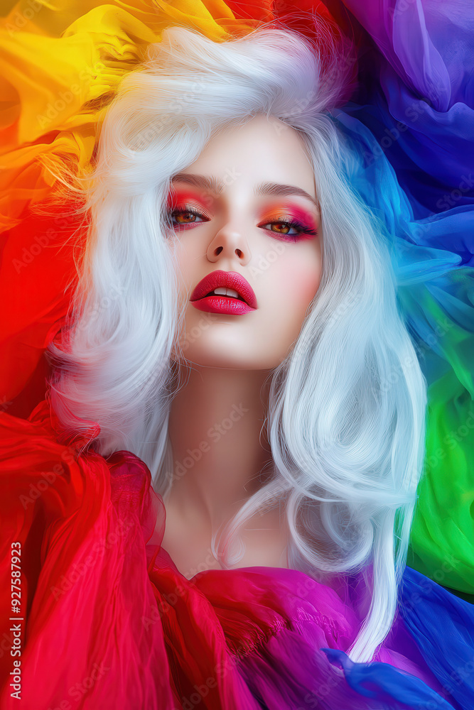 Fototapeta premium Ethereal Woman in a Rainbow Dress, a celestial figure with flowing white hair, sharp features, striking red eyes, and smooth skin, adorned in a vibrant chiffon dress amidst a heavenly city
