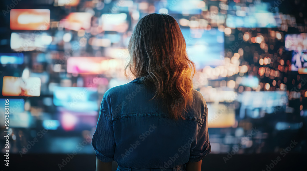 Backview Of Caucasian Woman Connecting to Animated Stream Of Content. Backview Of Caucasian Woman Connecting to Animated Stream Of Content.