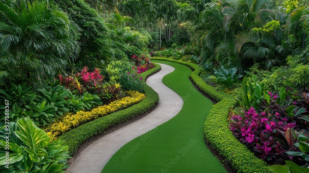 Fototapeta premium Botanical Paradise, a vibrant garden filled with exotic plants, colorful flowers, and winding pathways, inviting exploration and a sense of tranquility amidst nature's beauty.