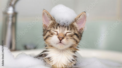 Gentle Bathing of a Kitten in a Pet Shop, Sudsy Water Surrounding the Playful Animal, Calm Atmosphere Enhancing the Adorable Scene