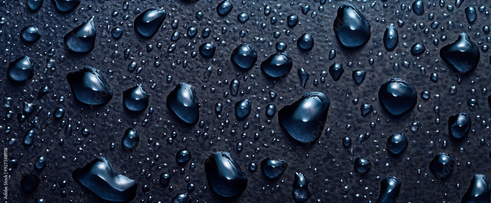 Close up of water droplets on a dark blue textured surface. Close up of water droplets on a dark blue textured surface.
