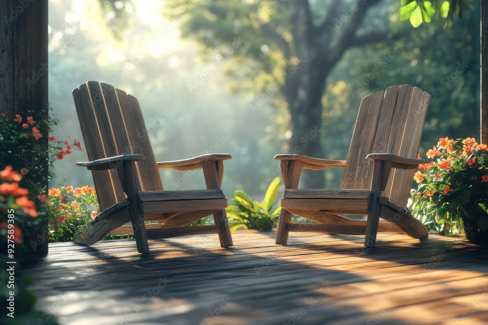 Inviting Cozy Porch in a Serene Suburban Setting, Perfect for Relaxing and Enjoying the Outdoors, with Two Comfortable Adirondack Chairs and Lush Greenery, Creating a Welcoming Home Atmosphere Inviting Cozy Porch in a Serene Suburban Setting, Perfect for Relaxing and Enjoying the Outdoors, with Two Comfortable Adirondack Chairs and Lush Greenery, Creating a Welcoming Home Atmosphere