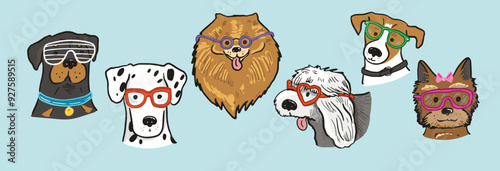 Dogs faces different breeds with trendy glasses illustrations set