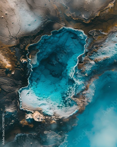 the blue hot spring in Iceland from above, A top down view of a rocky surface covered in white salt and brown mud photo