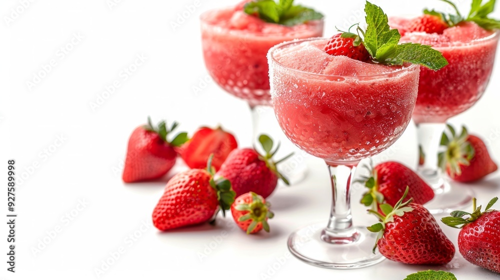 Glasses of frozen strawberry smoothies garnished with fresh mint, surrounded by ripe strawberries. Glasses of frozen strawberry smoothies garnished with fresh mint, surrounded by ripe strawberries.
