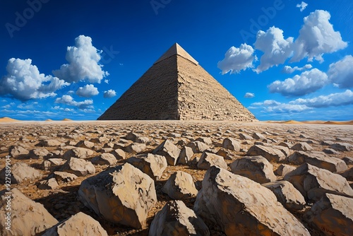 A towering pyramid stands against a blue sky, surrounded by a field of rocks. photo