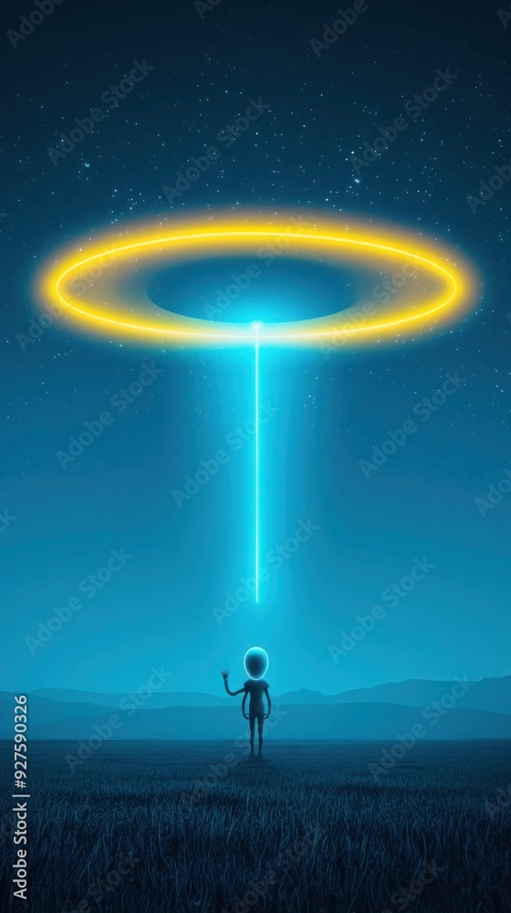alien hand up UFO yellow neon blue alien hand up UFO yellow neon blue