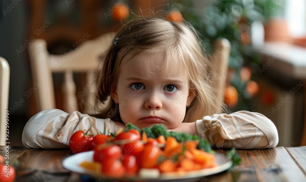 Sad child with curly hair pouting at a plate of uneaten vegetables. Sad child with curly hair pouting at a plate of uneaten vegetables.
