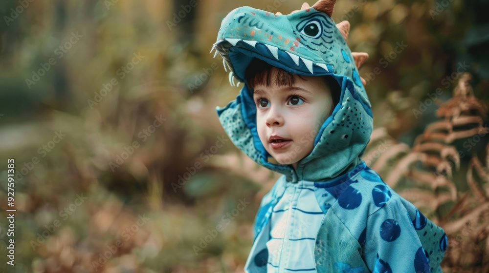 A kid in a DIY dinosaur costume, made from recycled materials. A kid in a DIY dinosaur costume, made from recycled materials.