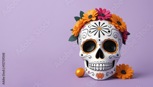 3d decorated skull day of dead flowers festive celebration on purple background copy space for text holiday season