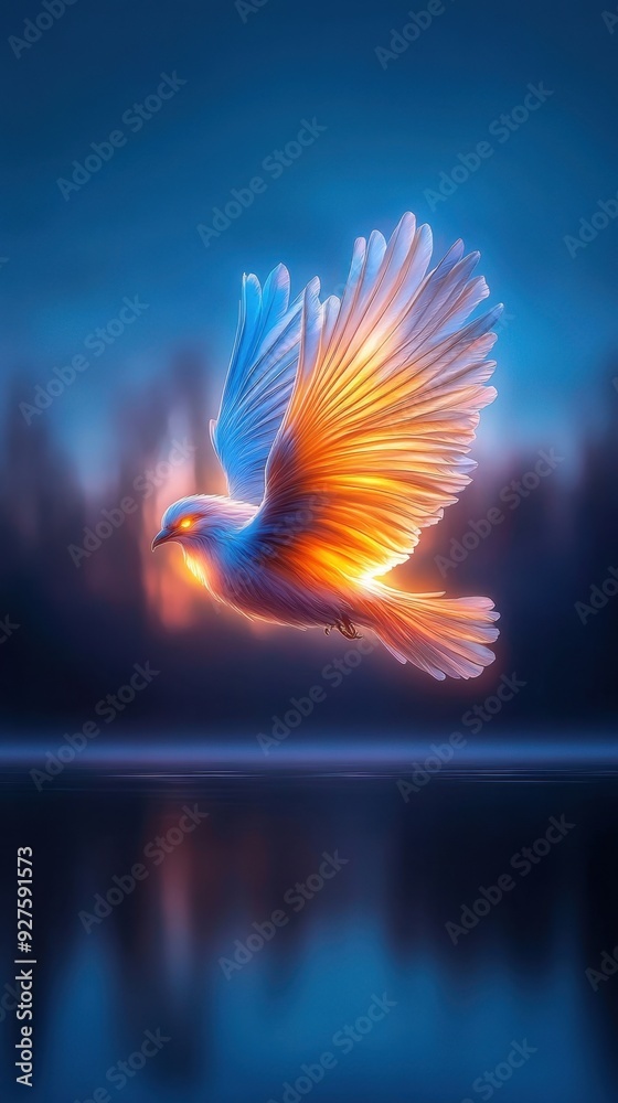 A celestial deity with wings of light, hovering above a tranquil lake at sunrise A celestial deity with wings of light, hovering above a tranquil lake at sunrise