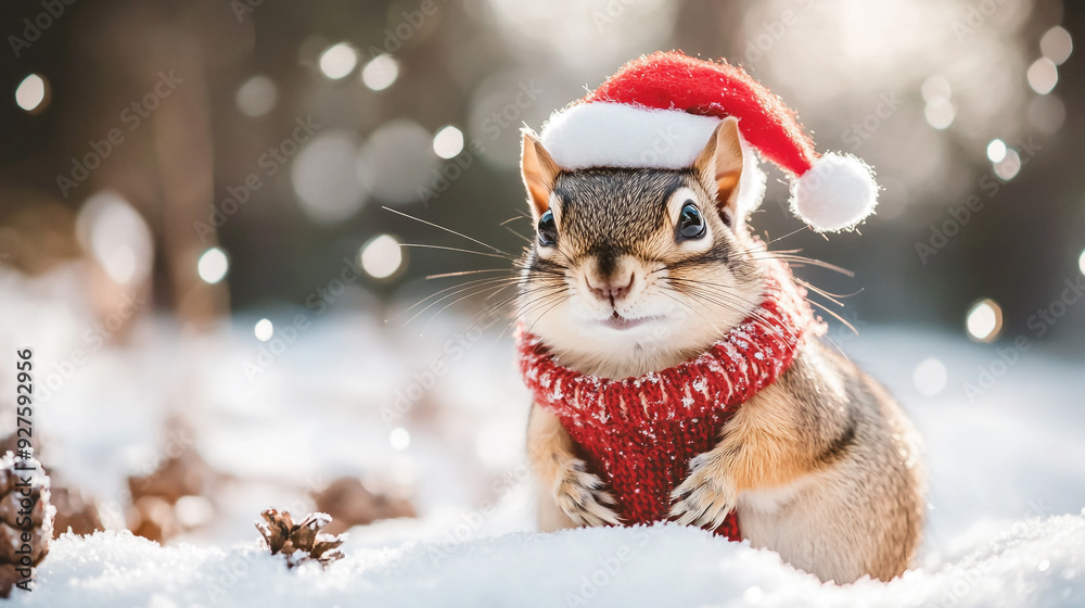 Squirrel wearing a Santa hat and scarf in a snowy forest during winter Squirrel wearing a Santa hat and scarf in a snowy forest during winter