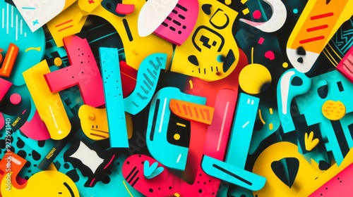 Colorful background with bold typography and diverse fonts showcasing creative word art photo