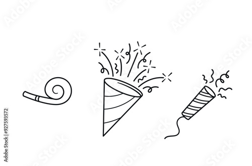 Hand Drawn Birthday Party Elements Including Party Hat, Noise Maker, And Confetti Popper. Simple Line Art Vector