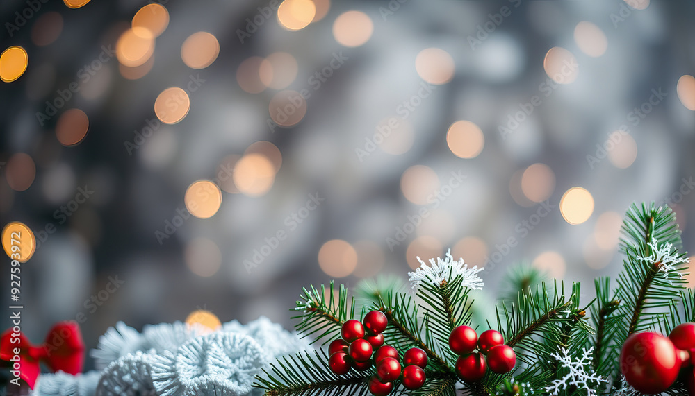 christmas xmas holiday season decoration with pine branches red berries snowflakes blurred lights background copy space celebration christmas xmas holiday season decoration with pine branches red berries snowflakes blurred lights background copy space celebration