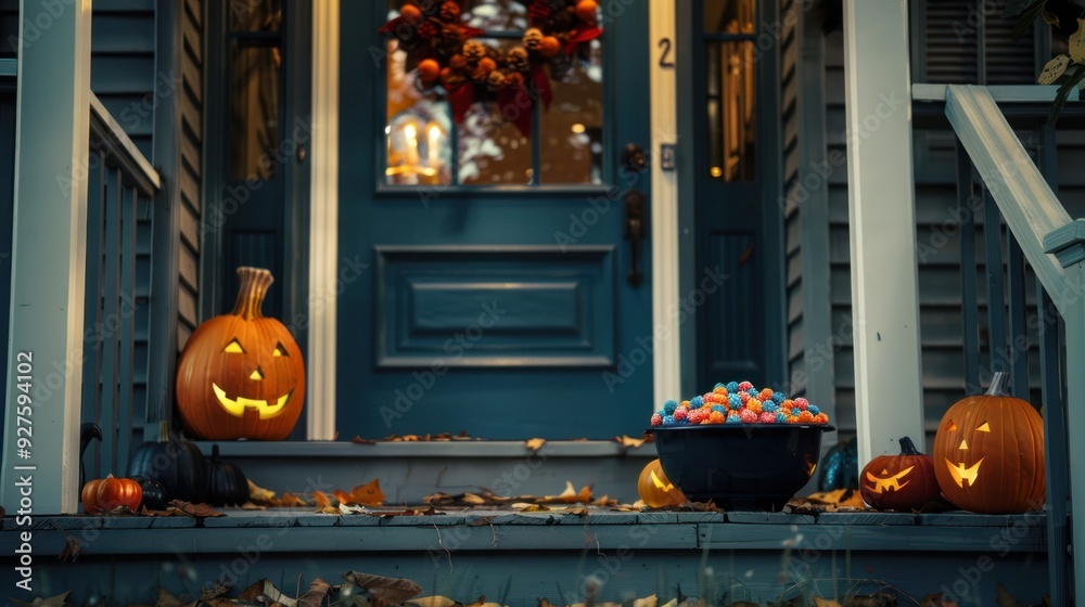A front porch decorated for Halloween with a bowl of candy for trick-or-treaters. A front porch decorated for Halloween with a bowl of candy for trick-or-treaters.