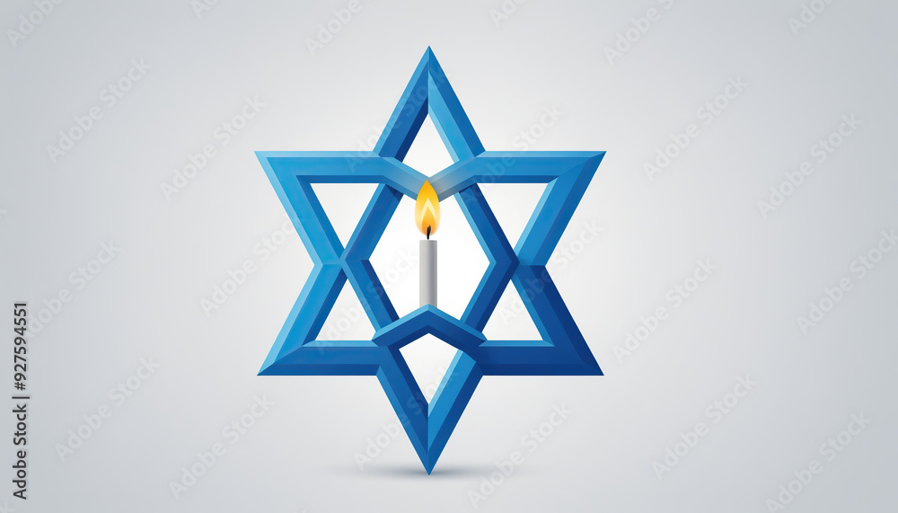 creative blue hanukkah 3d star of david with central white lit candle flame burning on light grey background festive holiday season celebration creative blue hanukkah 3d star of david with central white lit candle flame burning on light grey background festive holiday season celebration