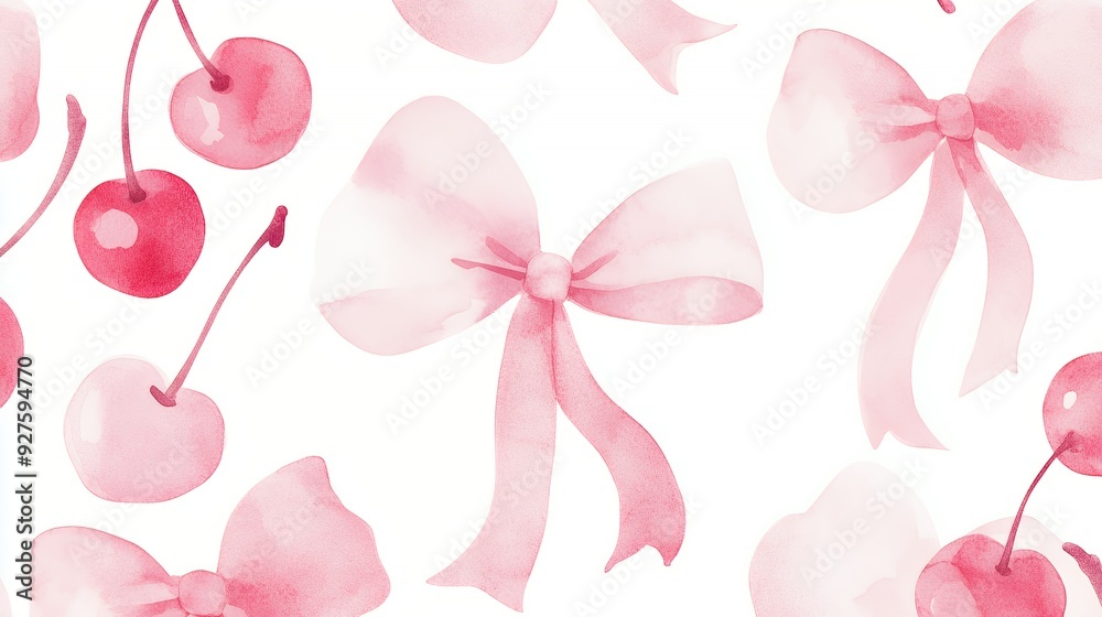 Pink Watercolor Cherries and Bows Seamless Pattern. Pink Watercolor Cherries and Bows Seamless Pattern.