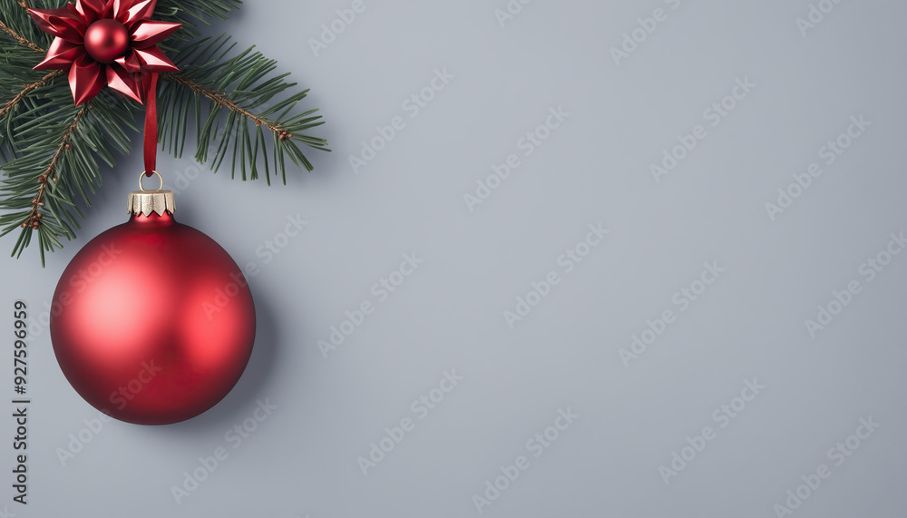 red christmas xmas ornament hanging from pine branch on gray background with space for text festive holiday season celebration