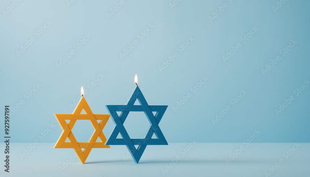 two star of david lit candles burning holiday celebration Hanukkah Jewish Festival holiday seaosn celebration copy space for text two star of david lit candles burning holiday celebration Hanukkah Jewish Festival holiday seaosn celebration copy space for text