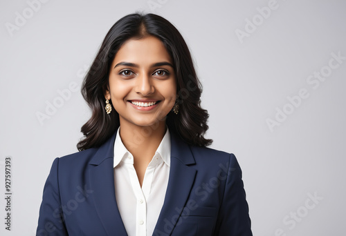 young beautiful indian smiling professional woman in formal business attire against gray background front view