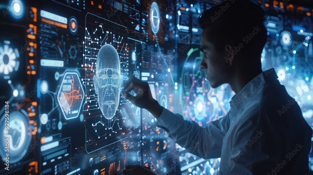 A person engages with an interactive holographic display showcasing digital data and graphics A person engages with an interactive holographic display showcasing digital data and graphics