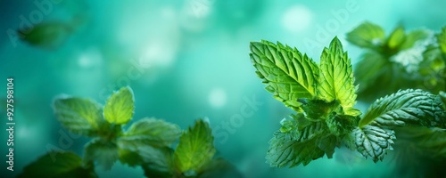 mint leaves on blue background