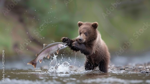 young bear cub holding a salmon as it jumps and splashes water near a river bank, capturing the dynamic moment of wildlife in nature, with detailed close-up photography photo