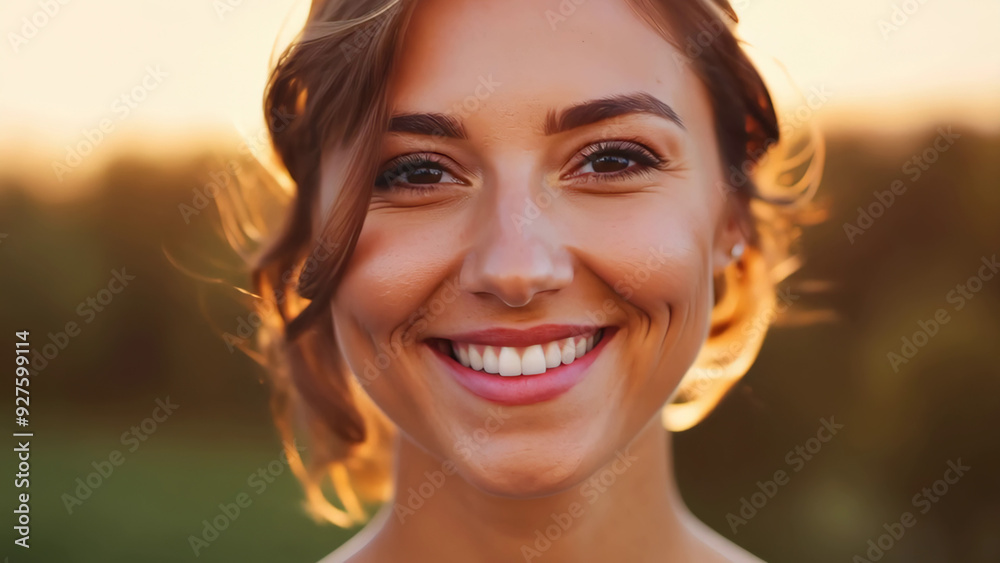 Close-up of a smiling woman in warm sunset light with soft golden hues Close-up of a smiling woman in warm sunset light with soft golden hues