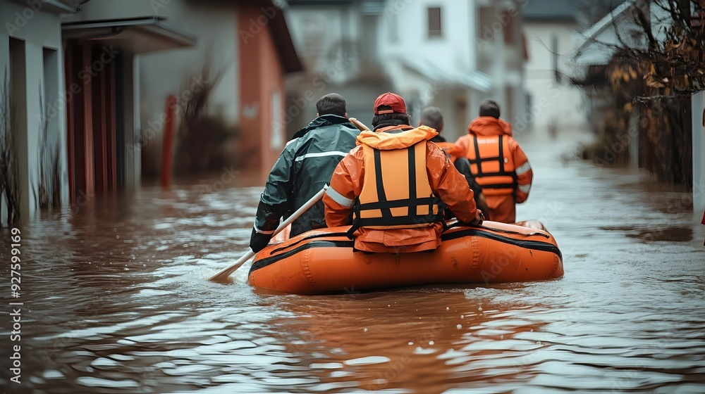 Rescue Workers Aiding Stranded Residents During Severe Flooding Disaster Rescue Workers Aiding Stranded Residents During Severe Flooding Disaster