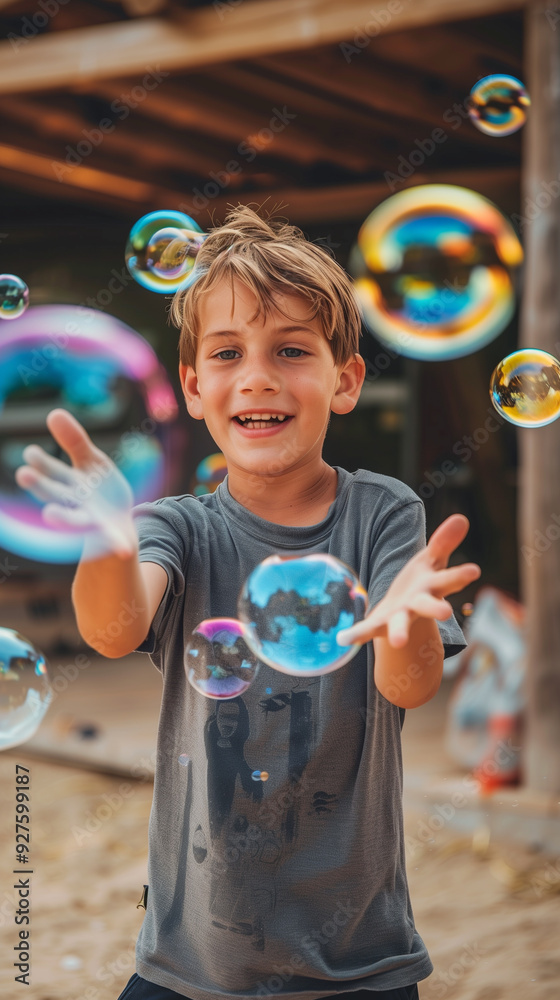 little child playing with soap bubbles, boy chasing colorful bubble little child playing with soap bubbles, boy chasing colorful bubble