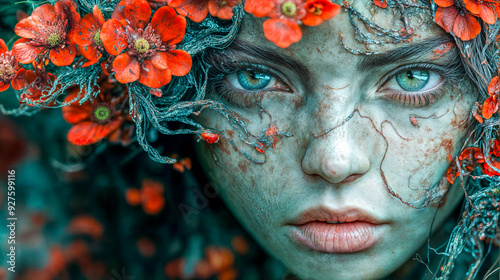 Portrait rapproché d'une fille aux yeux verts avec une couronne de fleurs rouges photo